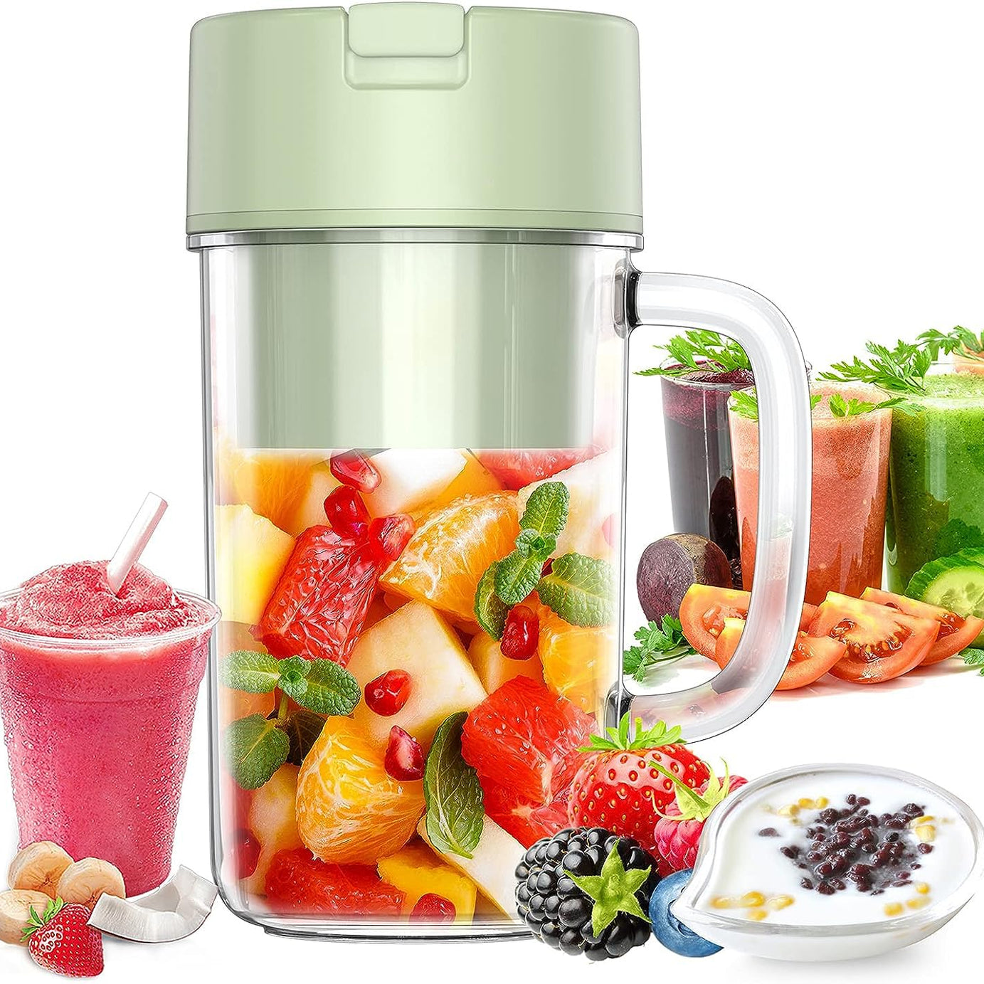 Portable Juicer With Handle & Straw for Smoothie Sipper Type-C Rechargeable (500 ml) 6 Stainless Steel Blades